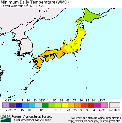 Japan Minimum Daily Temperature (WMO) Thematic Map For 9/12/2022 - 9/18/2022