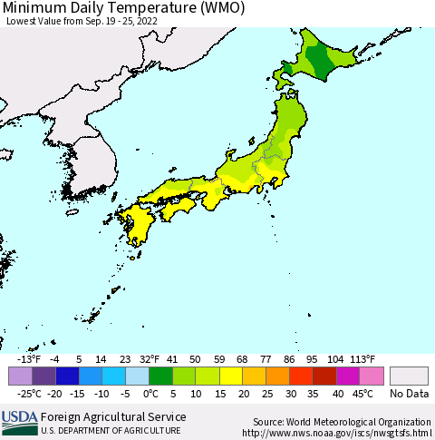 Japan Minimum Daily Temperature (WMO) Thematic Map For 9/19/2022 - 9/25/2022