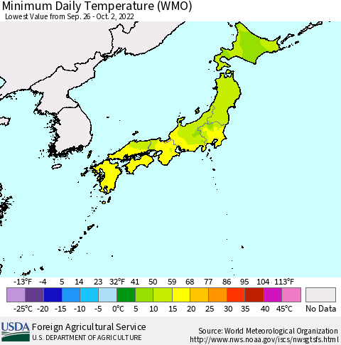 Japan Minimum Daily Temperature (WMO) Thematic Map For 9/26/2022 - 10/2/2022