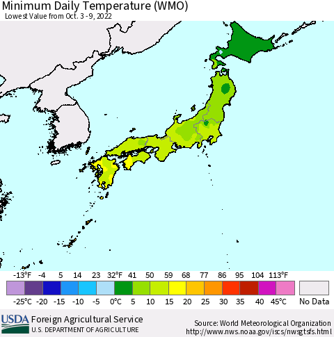 Japan Minimum Daily Temperature (WMO) Thematic Map For 10/3/2022 - 10/9/2022