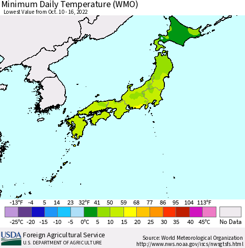 Japan Minimum Daily Temperature (WMO) Thematic Map For 10/10/2022 - 10/16/2022