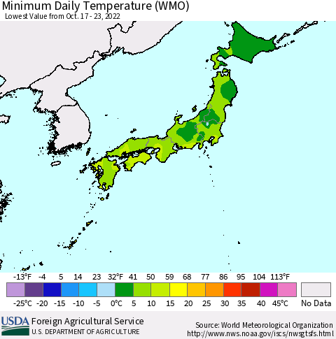 Japan Minimum Daily Temperature (WMO) Thematic Map For 10/17/2022 - 10/23/2022