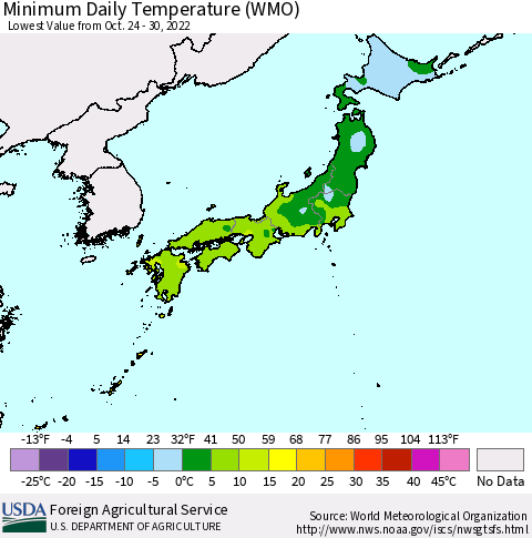 Japan Minimum Daily Temperature (WMO) Thematic Map For 10/24/2022 - 10/30/2022