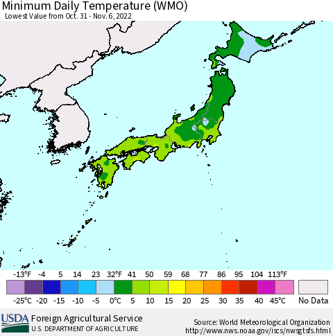 Japan Minimum Daily Temperature (WMO) Thematic Map For 10/31/2022 - 11/6/2022