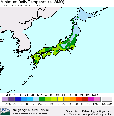 Japan Minimum Daily Temperature (WMO) Thematic Map For 11/14/2022 - 11/20/2022