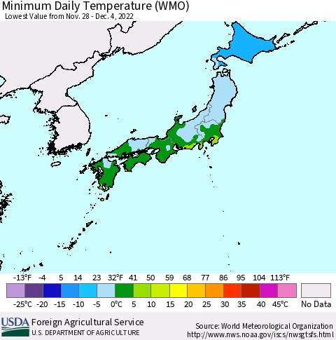 Japan Minimum Daily Temperature (WMO) Thematic Map For 11/28/2022 - 12/4/2022