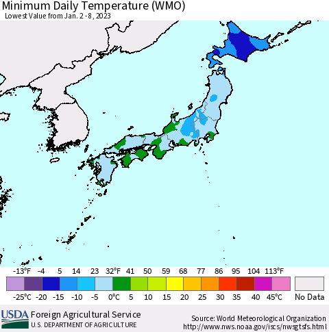 Japan Minimum Daily Temperature (WMO) Thematic Map For 1/2/2023 - 1/8/2023