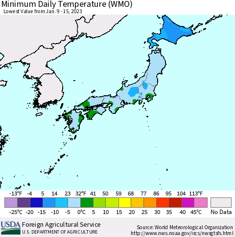 Japan Minimum Daily Temperature (WMO) Thematic Map For 1/9/2023 - 1/15/2023