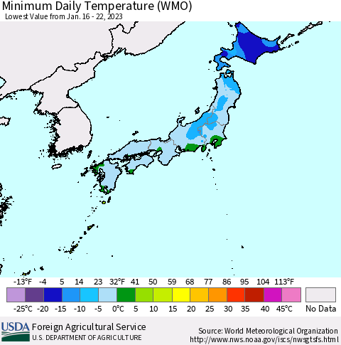 Japan Minimum Daily Temperature (WMO) Thematic Map For 1/16/2023 - 1/22/2023