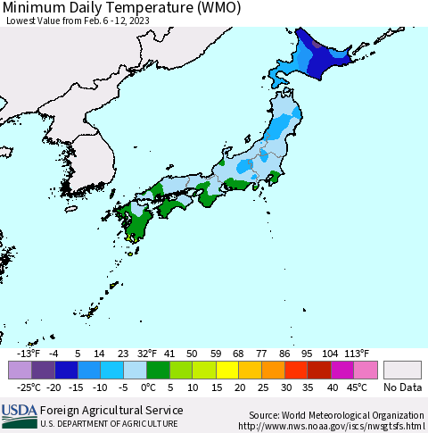 Japan Minimum Daily Temperature (WMO) Thematic Map For 2/6/2023 - 2/12/2023
