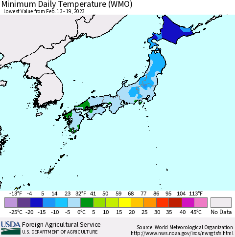 Japan Minimum Daily Temperature (WMO) Thematic Map For 2/13/2023 - 2/19/2023