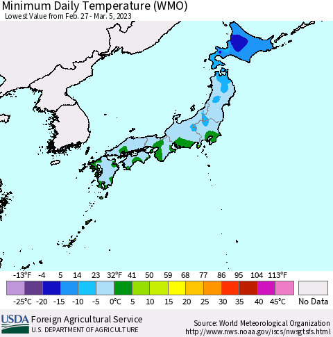 Japan Minimum Daily Temperature (WMO) Thematic Map For 2/27/2023 - 3/5/2023