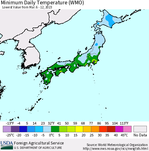 Japan Minimum Daily Temperature (WMO) Thematic Map For 3/6/2023 - 3/12/2023