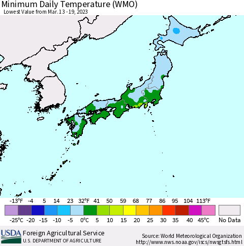 Japan Minimum Daily Temperature (WMO) Thematic Map For 3/13/2023 - 3/19/2023