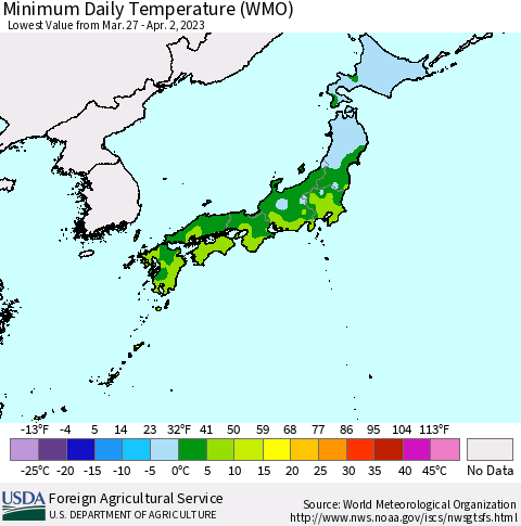 Japan Minimum Daily Temperature (WMO) Thematic Map For 3/27/2023 - 4/2/2023