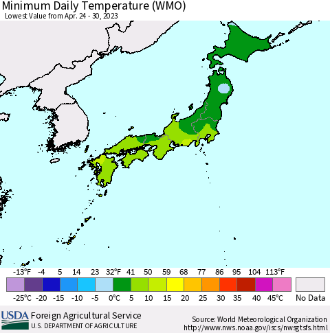 Japan Minimum Daily Temperature (WMO) Thematic Map For 4/24/2023 - 4/30/2023