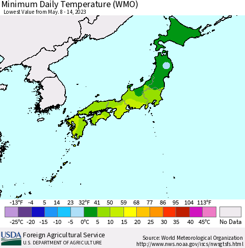 Japan Minimum Daily Temperature (WMO) Thematic Map For 5/8/2023 - 5/14/2023