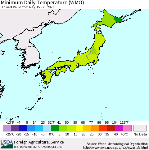 Japan Minimum Daily Temperature (WMO) Thematic Map For 5/15/2023 - 5/21/2023
