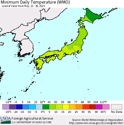 Japan Minimum Daily Temperature (WMO) Thematic Map For 5/22/2023 - 5/28/2023