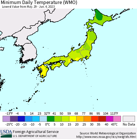 Japan Minimum Daily Temperature (WMO) Thematic Map For 5/29/2023 - 6/4/2023