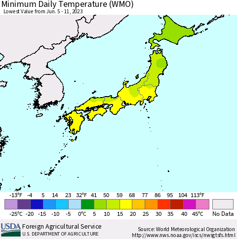 Japan Minimum Daily Temperature (WMO) Thematic Map For 6/5/2023 - 6/11/2023