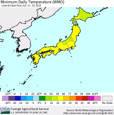 Japan Minimum Daily Temperature (WMO) Thematic Map For 6/12/2023 - 6/18/2023