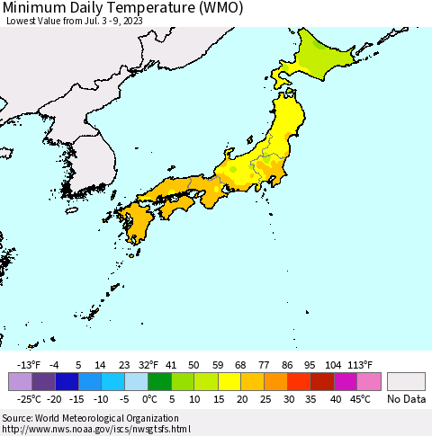 Japan Minimum Daily Temperature (WMO) Thematic Map For 7/3/2023 - 7/9/2023
