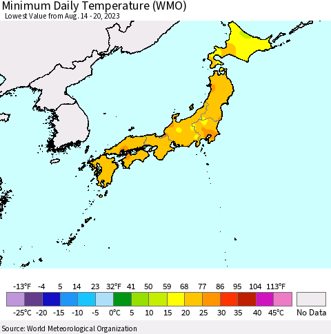 Japan Minimum Daily Temperature (WMO) Thematic Map For 8/14/2023 - 8/20/2023