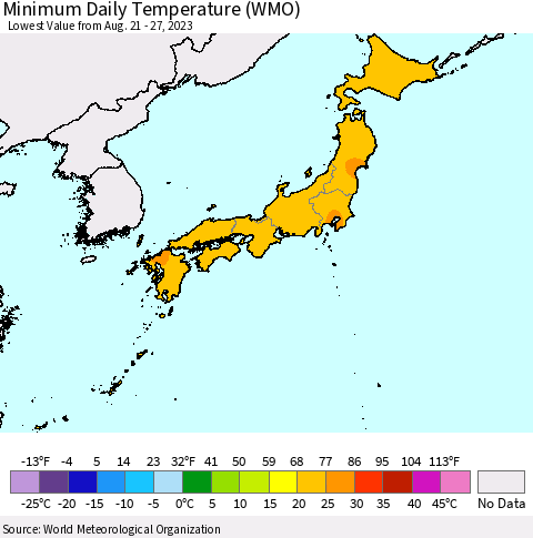 Japan Minimum Daily Temperature (WMO) Thematic Map For 8/21/2023 - 8/27/2023