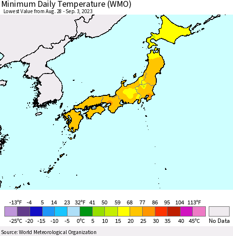 Japan Minimum Daily Temperature (WMO) Thematic Map For 8/28/2023 - 9/3/2023
