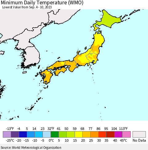 Japan Minimum Daily Temperature (WMO) Thematic Map For 9/4/2023 - 9/10/2023