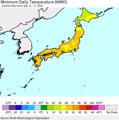 Japan Minimum Daily Temperature (WMO) Thematic Map For 9/11/2023 - 9/17/2023