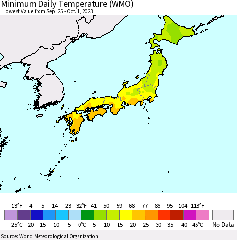 Japan Minimum Daily Temperature (WMO) Thematic Map For 9/25/2023 - 10/1/2023