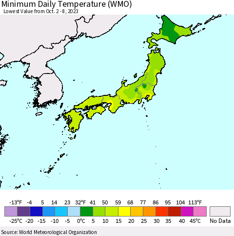 Japan Minimum Daily Temperature (WMO) Thematic Map For 10/2/2023 - 10/8/2023