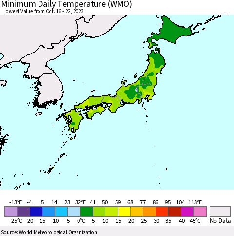 Japan Minimum Daily Temperature (WMO) Thematic Map For 10/16/2023 - 10/22/2023