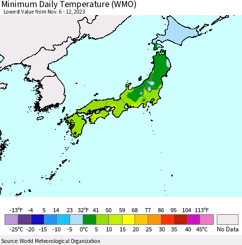 Japan Minimum Daily Temperature (WMO) Thematic Map For 11/6/2023 - 11/12/2023