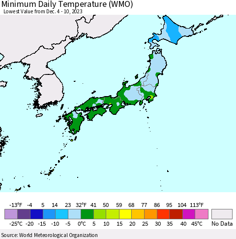 Japan Minimum Daily Temperature (WMO) Thematic Map For 12/4/2023 - 12/10/2023