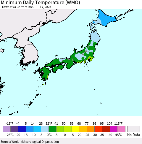 Japan Minimum Daily Temperature (WMO) Thematic Map For 12/11/2023 - 12/17/2023