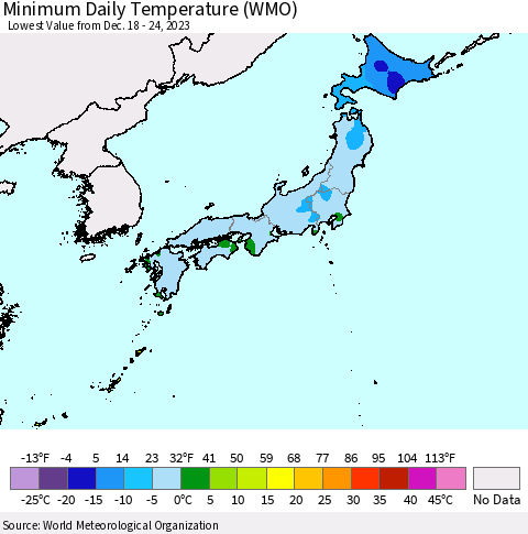 Japan Minimum Daily Temperature (WMO) Thematic Map For 12/18/2023 - 12/24/2023