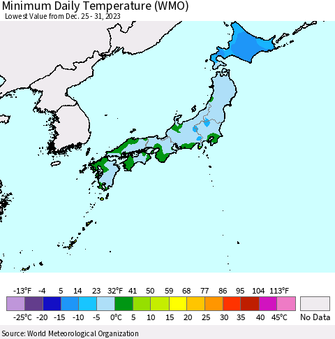 Japan Minimum Daily Temperature (WMO) Thematic Map For 12/25/2023 - 12/31/2023