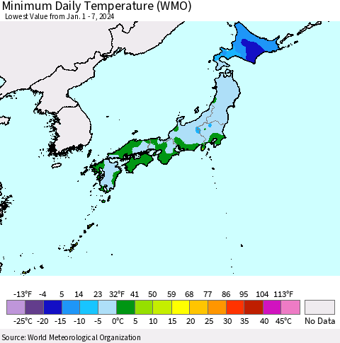 Japan Minimum Daily Temperature (WMO) Thematic Map For 1/1/2024 - 1/7/2024