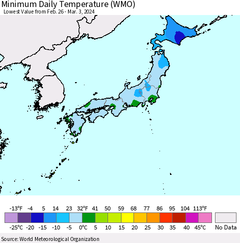 Japan Minimum Daily Temperature (WMO) Thematic Map For 2/26/2024 - 3/3/2024