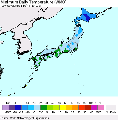 Japan Minimum Daily Temperature (WMO) Thematic Map For 3/4/2024 - 3/10/2024