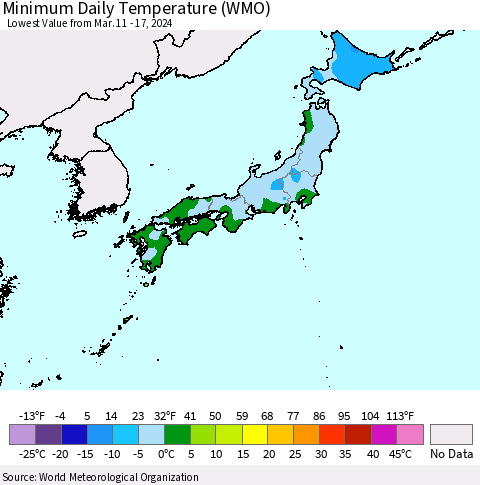Japan Minimum Daily Temperature (WMO) Thematic Map For 3/11/2024 - 3/17/2024
