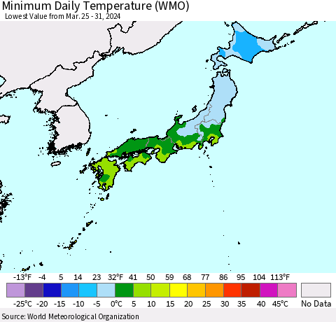 Japan Minimum Daily Temperature (WMO) Thematic Map For 3/25/2024 - 3/31/2024