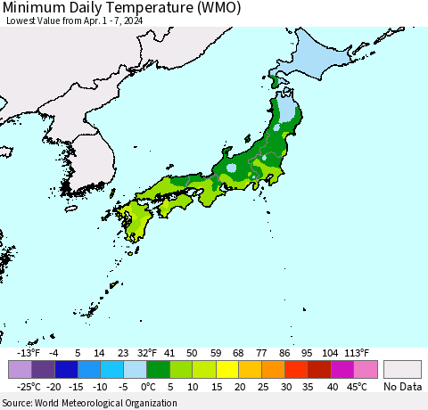 Japan Minimum Daily Temperature (WMO) Thematic Map For 4/1/2024 - 4/7/2024