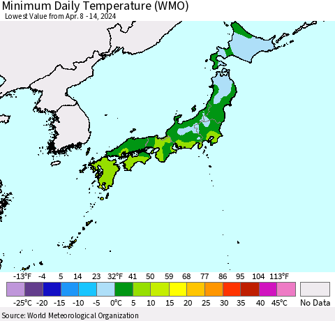 Japan Minimum Daily Temperature (WMO) Thematic Map For 4/8/2024 - 4/14/2024