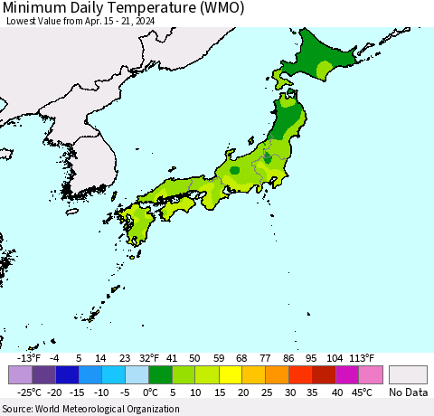 Japan Minimum Daily Temperature (WMO) Thematic Map For 4/15/2024 - 4/21/2024