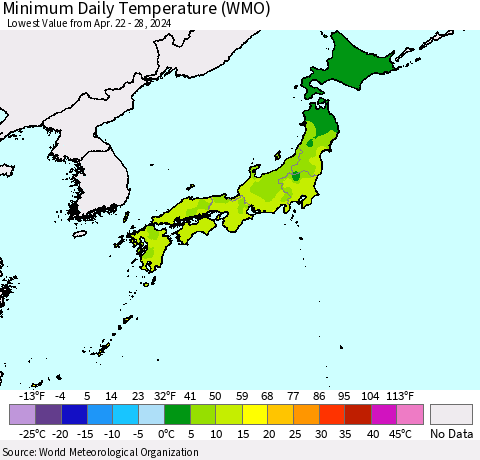 Japan Minimum Daily Temperature (WMO) Thematic Map For 4/22/2024 - 4/28/2024