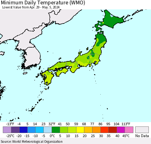Japan Minimum Daily Temperature (WMO) Thematic Map For 4/29/2024 - 5/5/2024